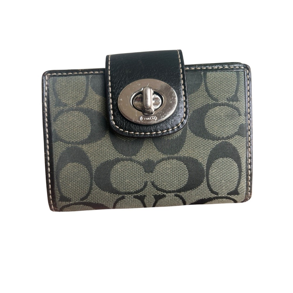 Coach Signature Canvas Turnlock Bi-Fold Wallet Vintage Y2K Black "C" Olive Green